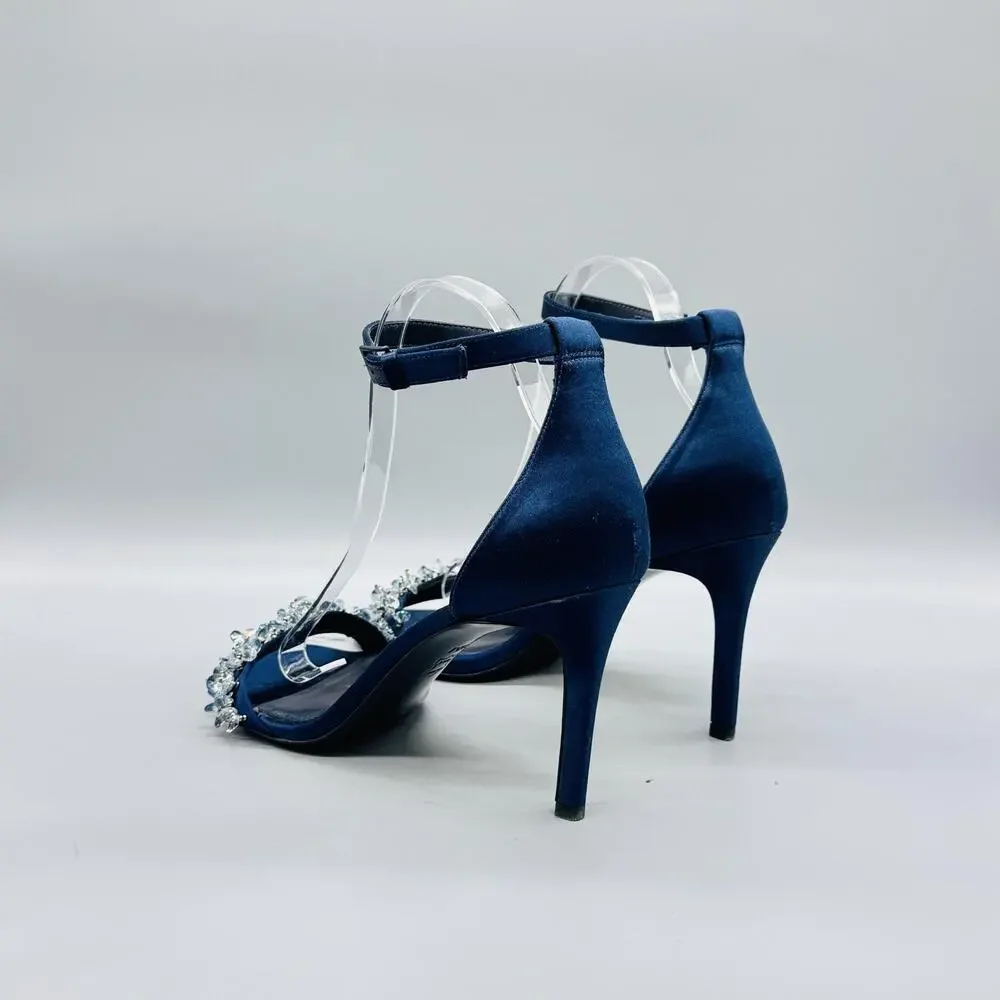 Tory Burch Navy Blue Crystal Embellished Ankle Strap Heels